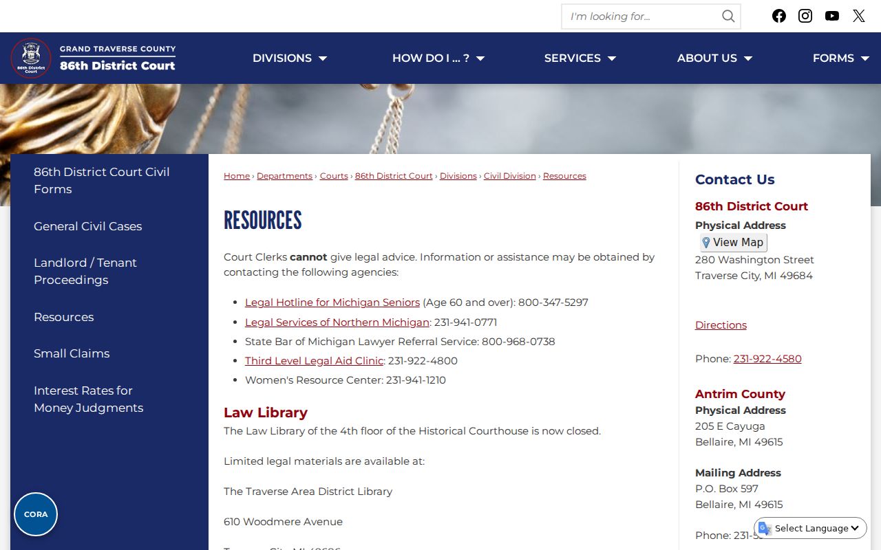 Bellaire court docket reference showing official Antrim court resources