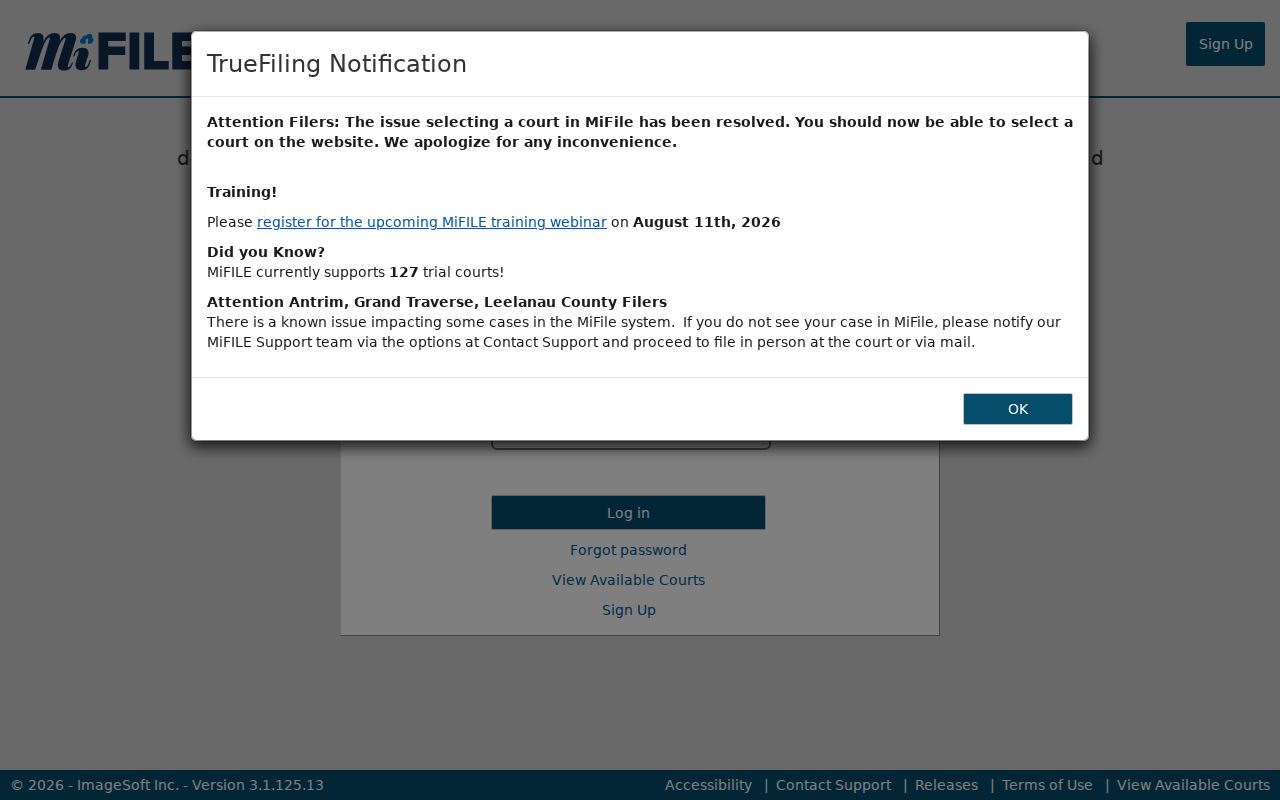 Central Lake court docket reference showing MiFILE electronic filing login and support notice