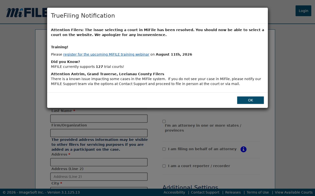 Elk Rapids court docket reference showing MiFILE registration for court filers